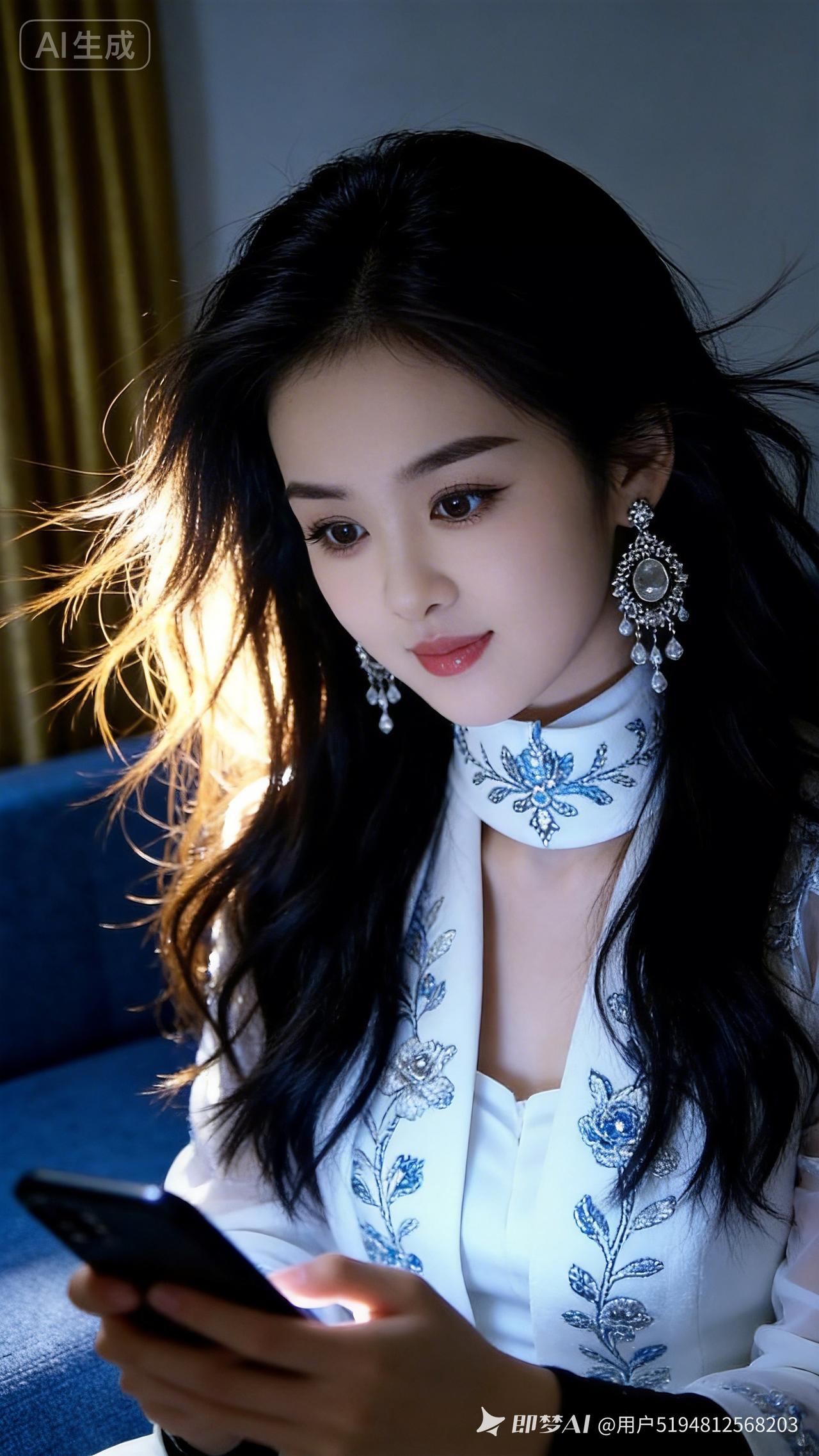 优雅黑发少女，沉静注视手机屏幕，蓝白刺绣衣装尽显古典韵味。