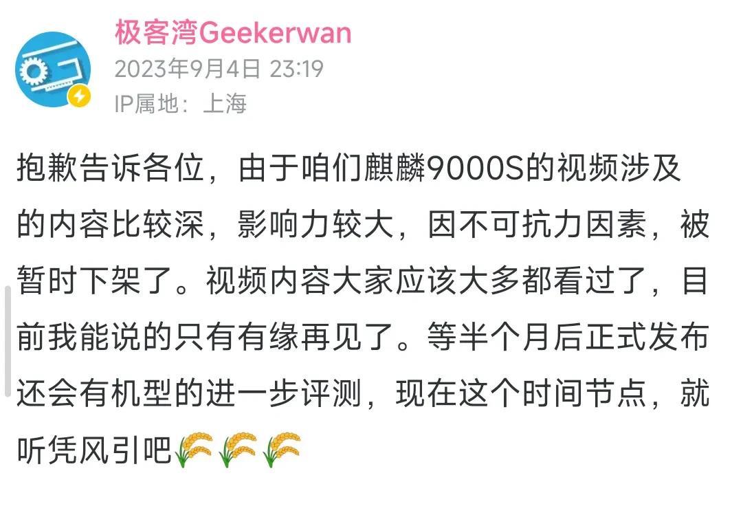 极客湾测试华为mate60pro那颗麒麟9000s的视频被下架了，原因是因为涉及