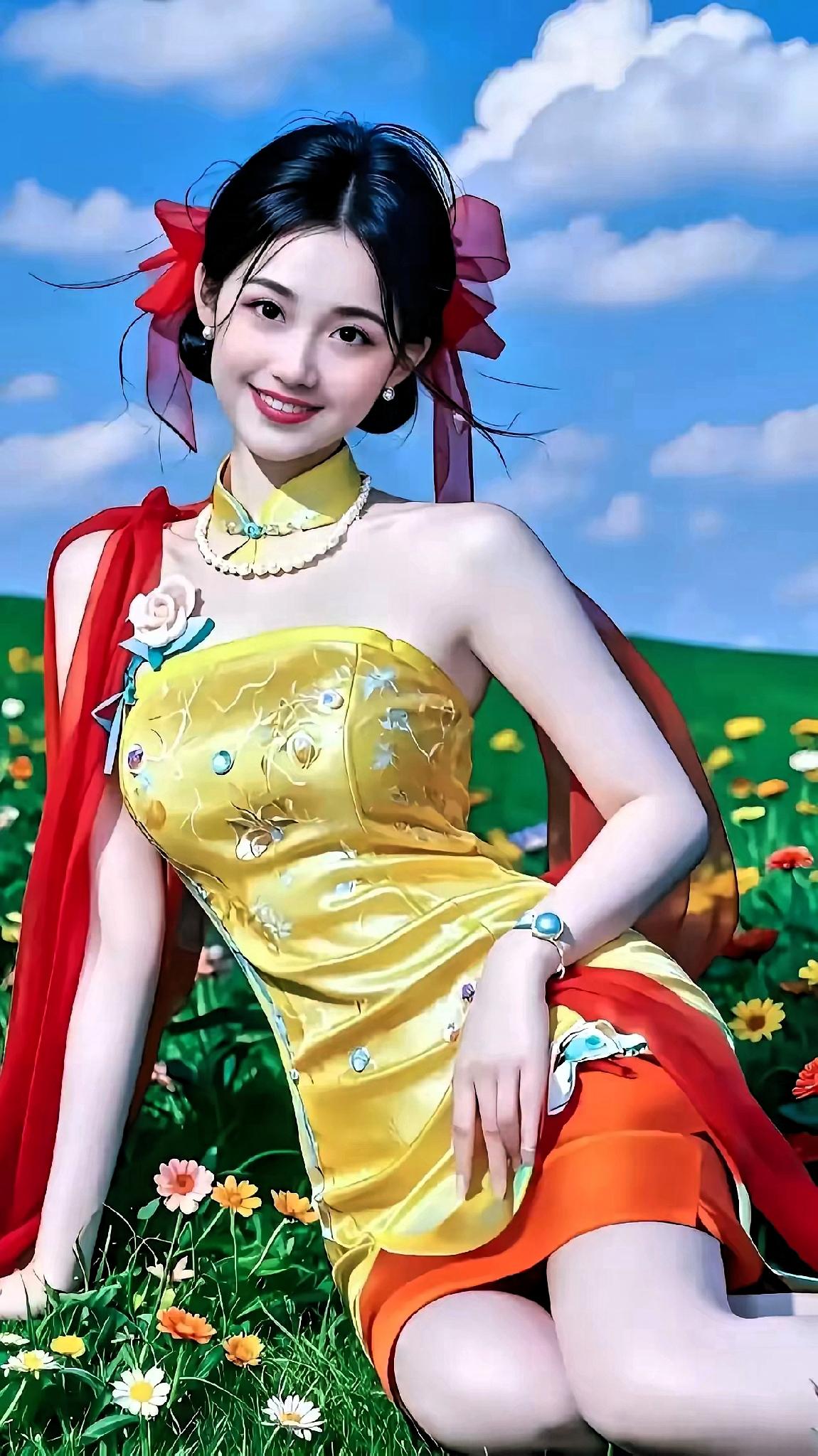春日花海中的古风少女，红衣飘逸，笑靥如花。