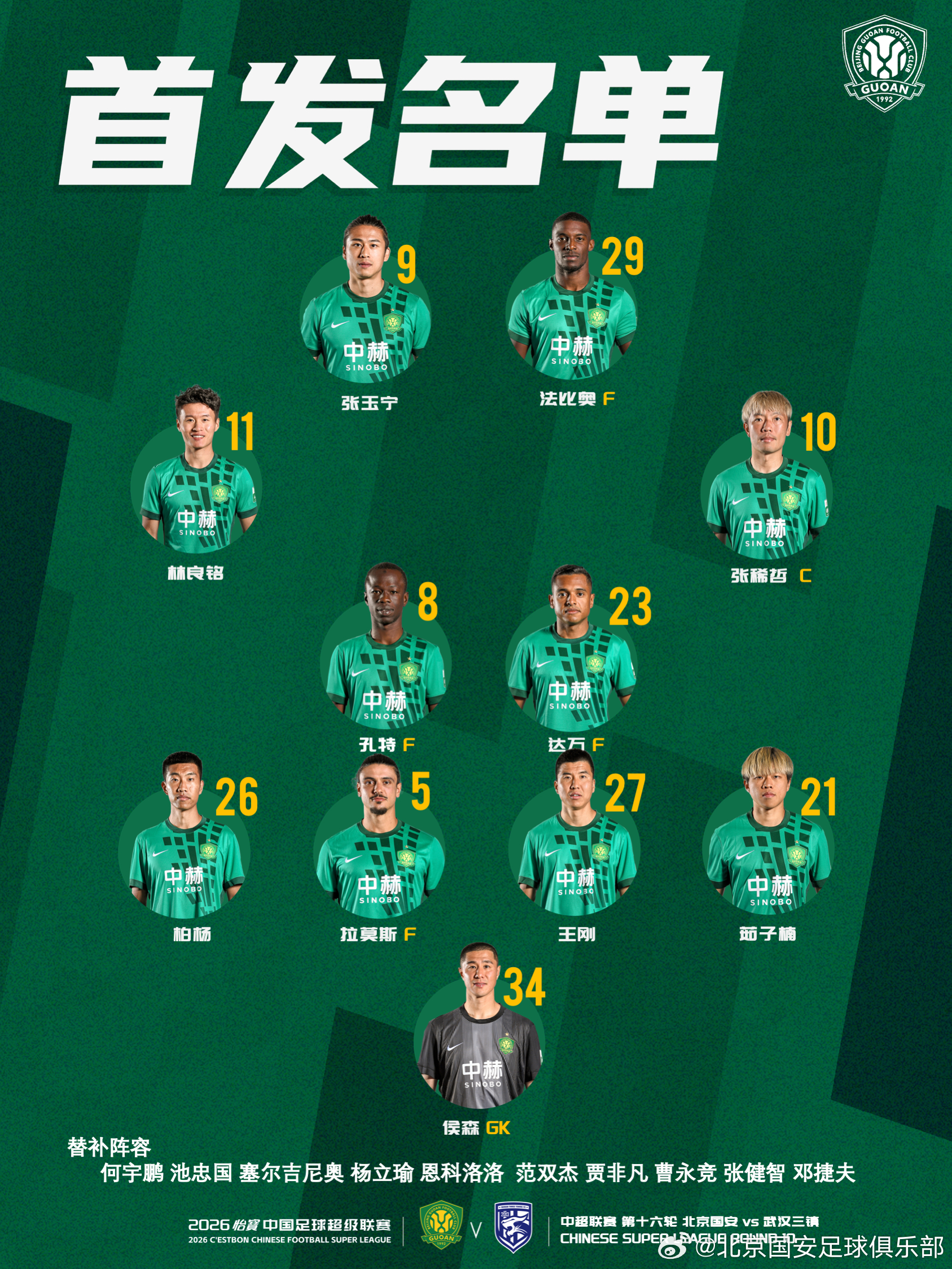💚 北京国安今日首发💪 第二阶段联赛开启🔰 我们一起战斗！北京国安中超联赛