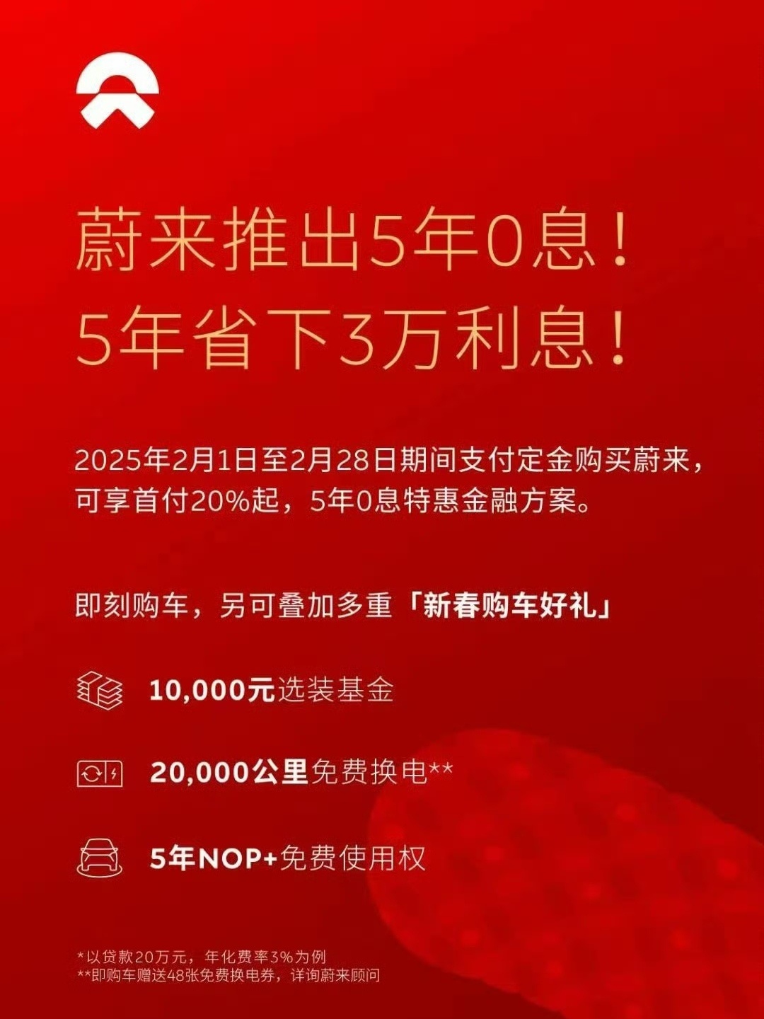 2025年买车，除了国补延续就是贷款0息政策加码，像蔚来这样的首付20%，5年免