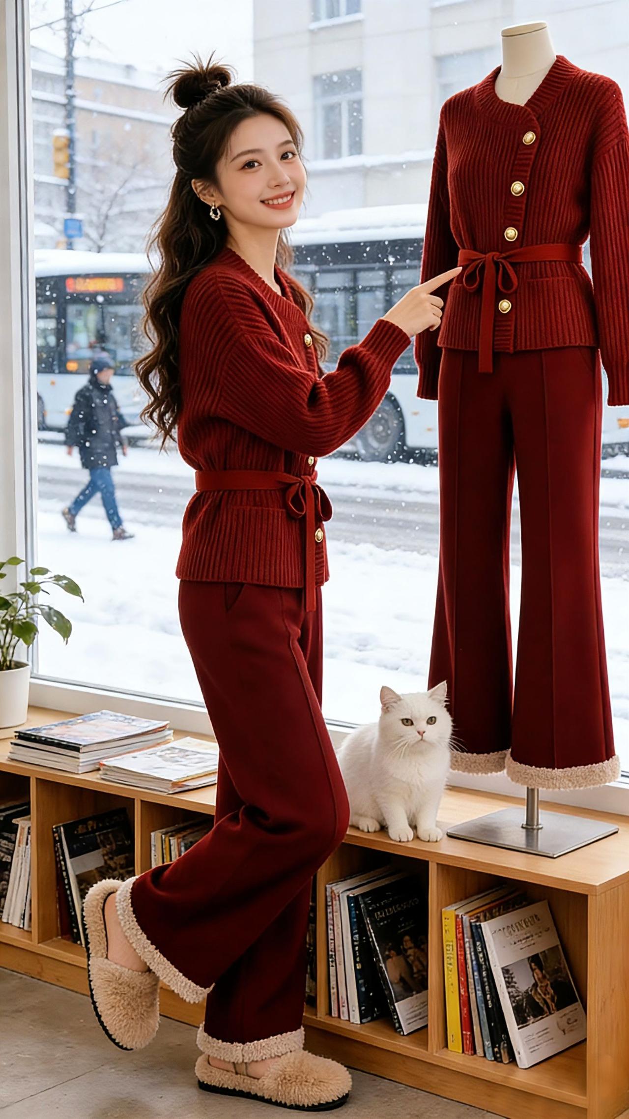 雪天里的一抹安可拉红太惊艳！半扎丸子头搭治愈系笑容，Danny这套套装把秋冬氛围