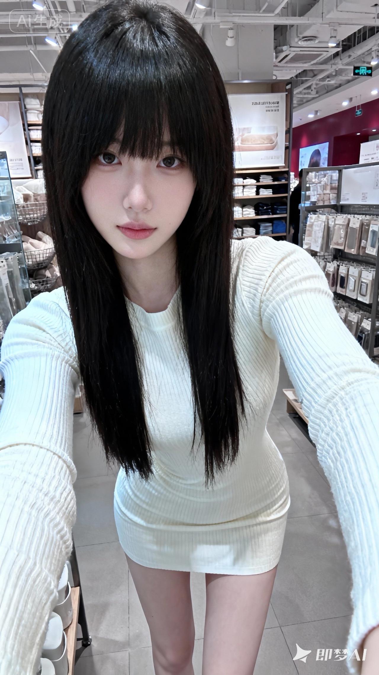 日常快照风格，非精心构图或打光，黑长直，刘海厚重且覆盖额头，长度至胸口，傲人身材