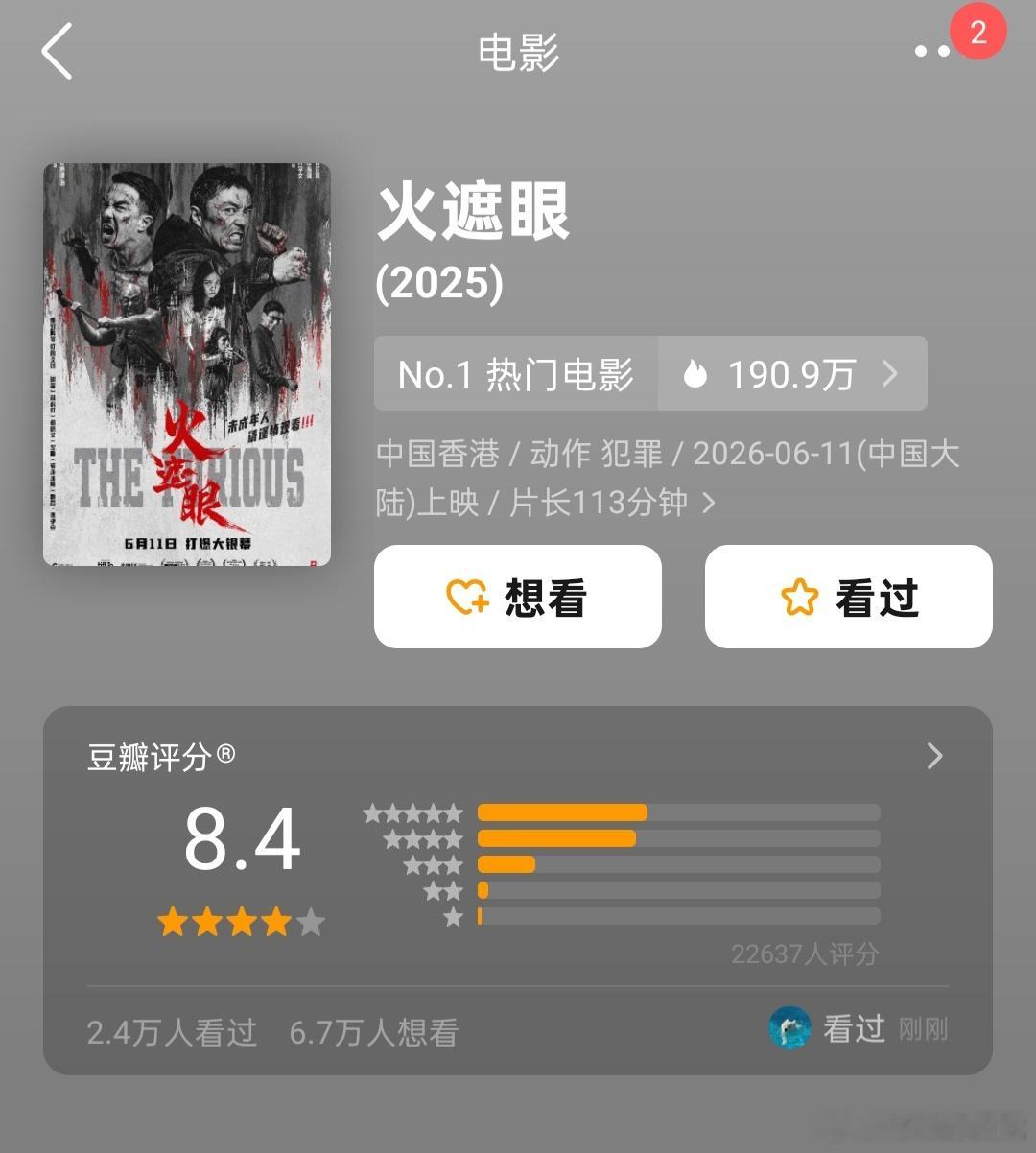 电影《火遮眼》国内未上映时豆瓣开分8.9，上映了降至8.4分，你咋看？电影火遮眼