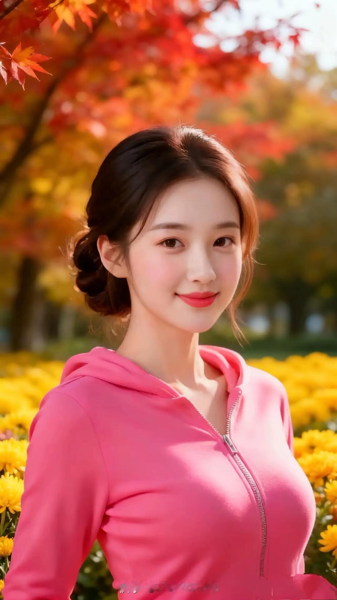 秋日暖阳下，粉衫少女与金黄花海相映成趣