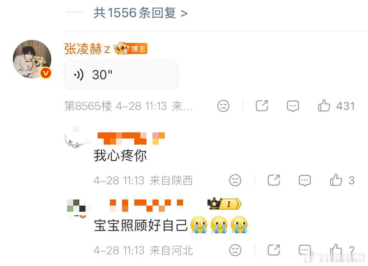 【张凌赫评论区语音报平安】张凌赫评论区报平安4月28日，发语音给粉丝报平安：“看