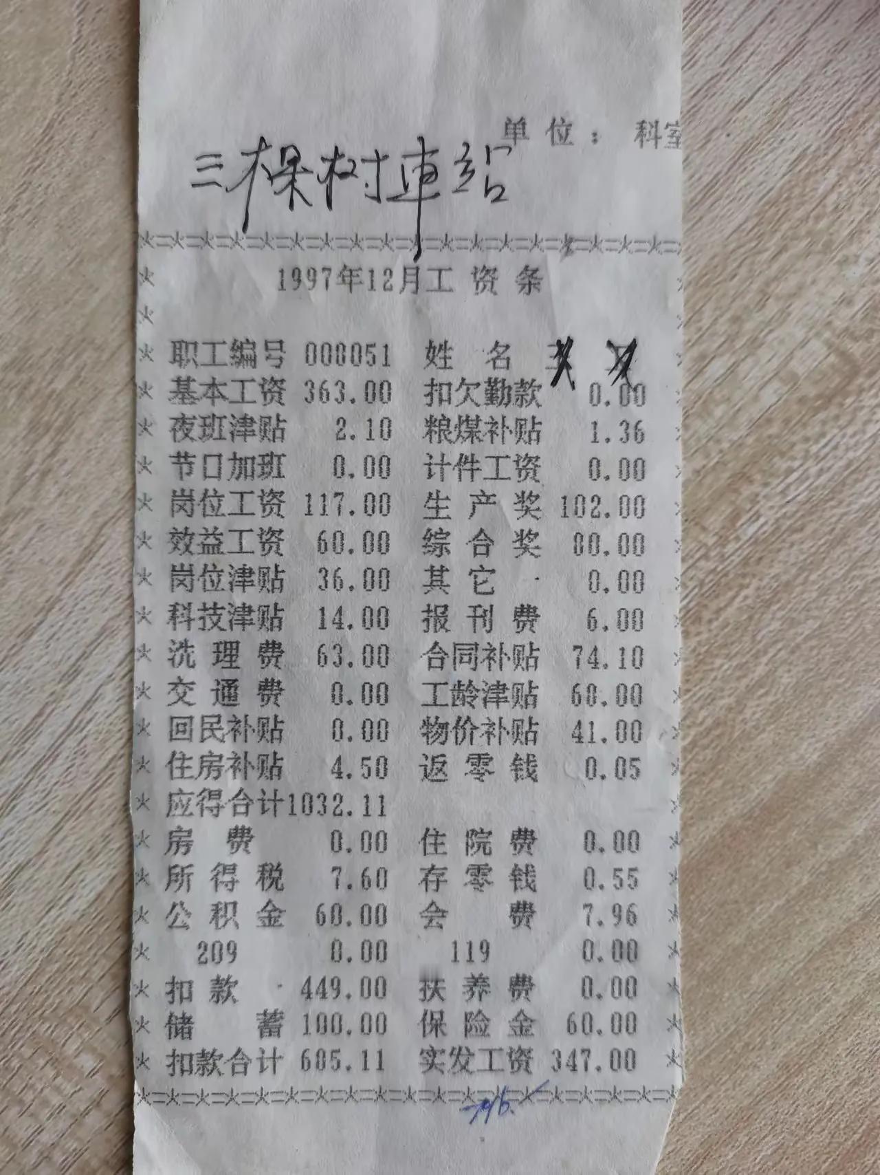 这是1997年三棵树车站主任级别的工资，怎么样，当年算什么水平？

（网图侵删）