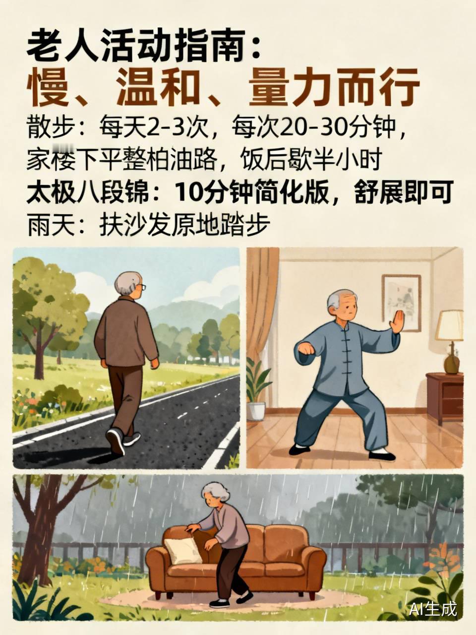 老人活动真的别硬跟风年轻人暴走、跳高强度操，核心就六个字：慢、温和、量力而行，别