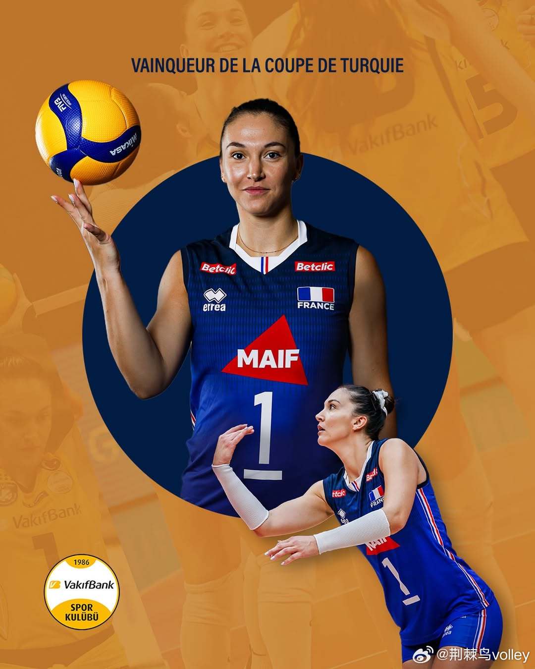 法国排球国家队官方账号特别发文祝贺卡绍特土耳其杯夺冠。女排土耳其女排超级联赛