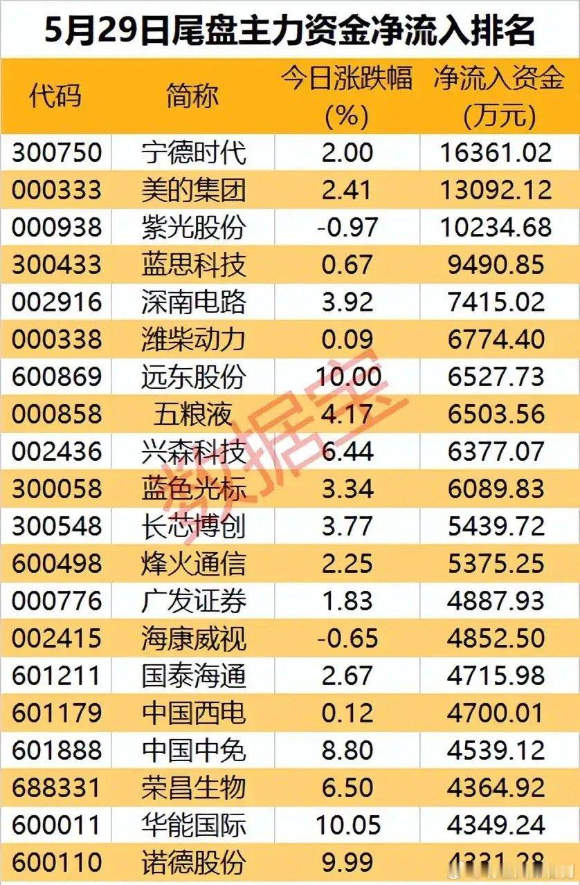 🔥尾盘资金突袭！5月29日20只主力抢筹标的全景拆解！5月29日尾盘主力资金净
