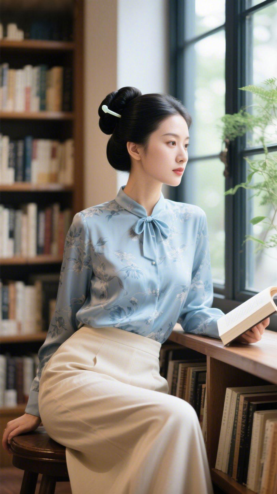 《书斋春浅》
 
书页轻展时，风裹着窗外的草木气钻进来，落在浅蓝衫子的花影上。