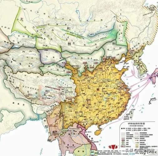 大明王朝政区图。历史上明朝在统一王朝里面，面积是非常可怜的，略大于北宋。从明成祖