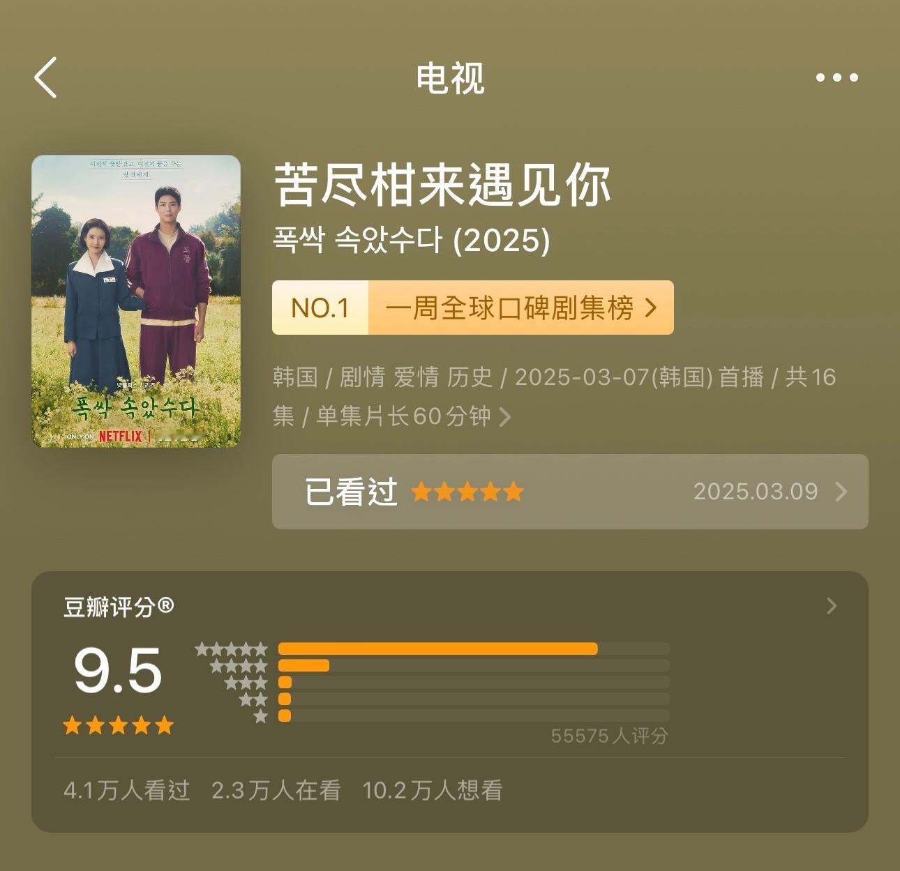 《苦尽柑来遇见你》豆瓣评分涨至9.5 成为2025豆瓣评分最高的韩剧～ ​​​
