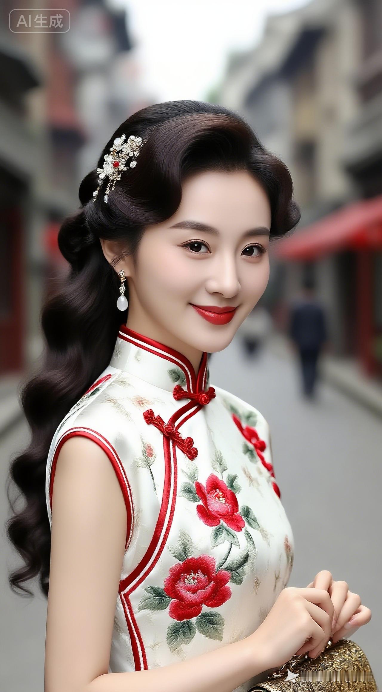 长发微卷的国风美人，身着绣红牡丹白旗袍，肤白精致妆容，饰耳坠发饰，眼含妩媚浅笑，