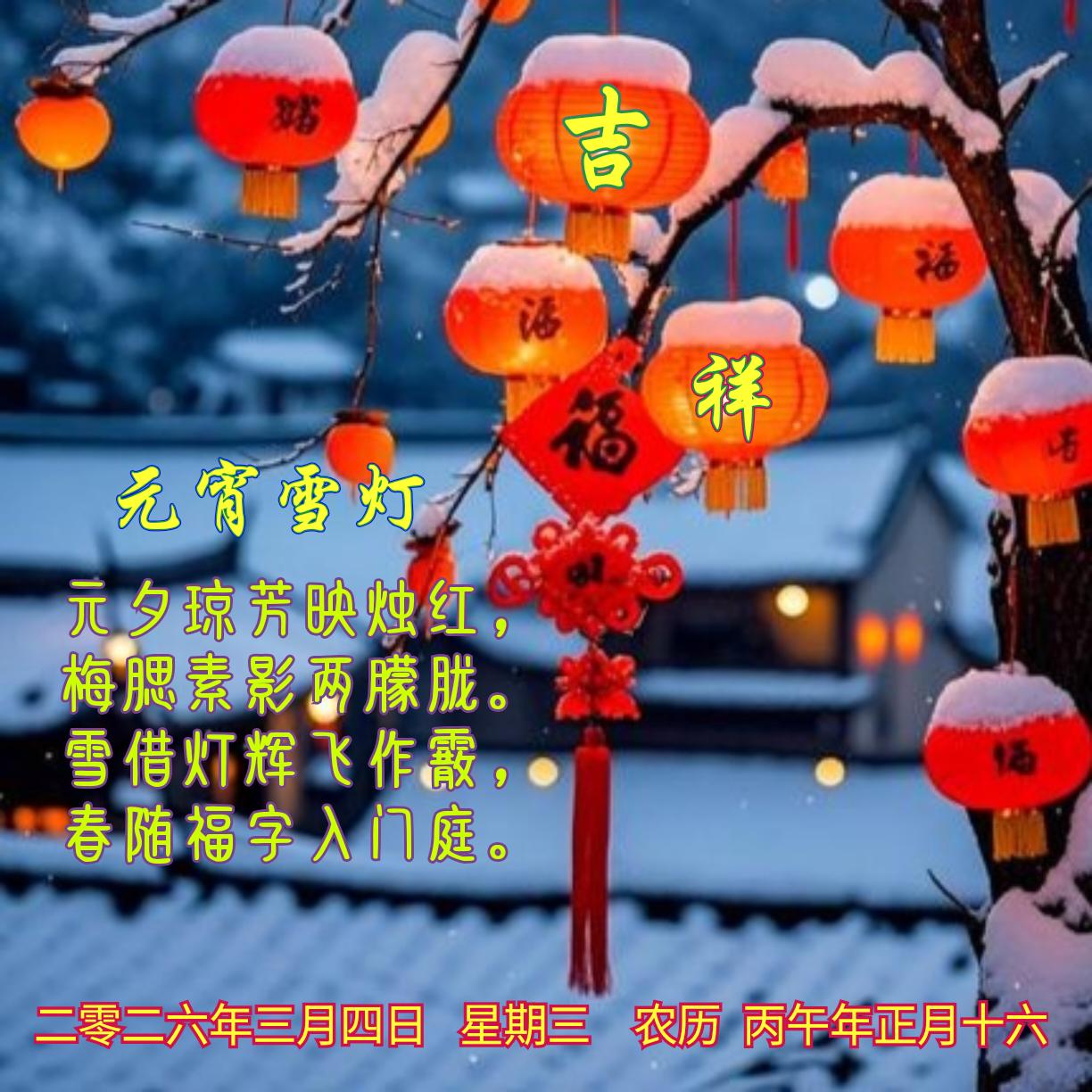 《元宵雪灯》
元夕琼芳映烛红，
梅腮素影两朦胧。
雪借灯辉飞作霰，
春随福字入门