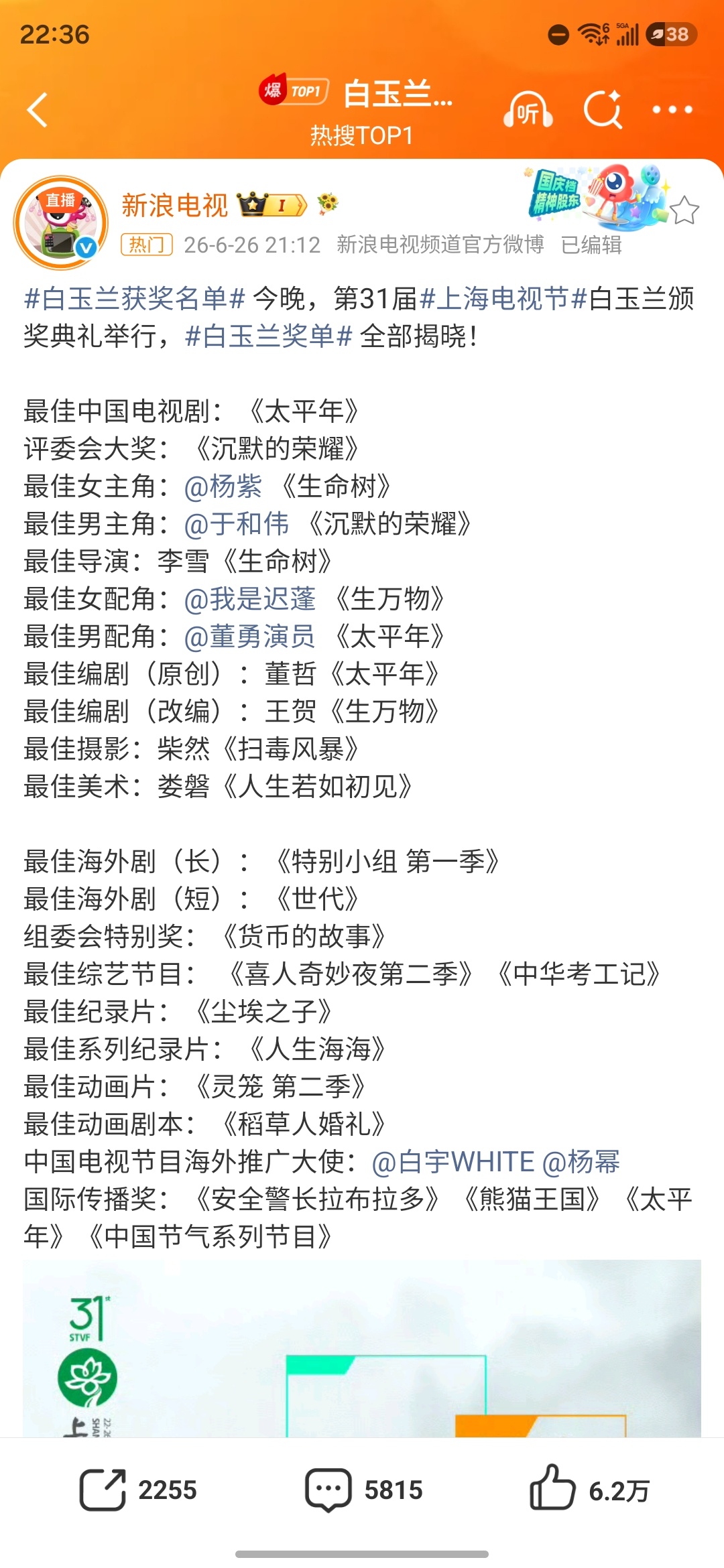 白玉兰获奖名单没错，我是最好的观众，这里面一部都没看过的好观众