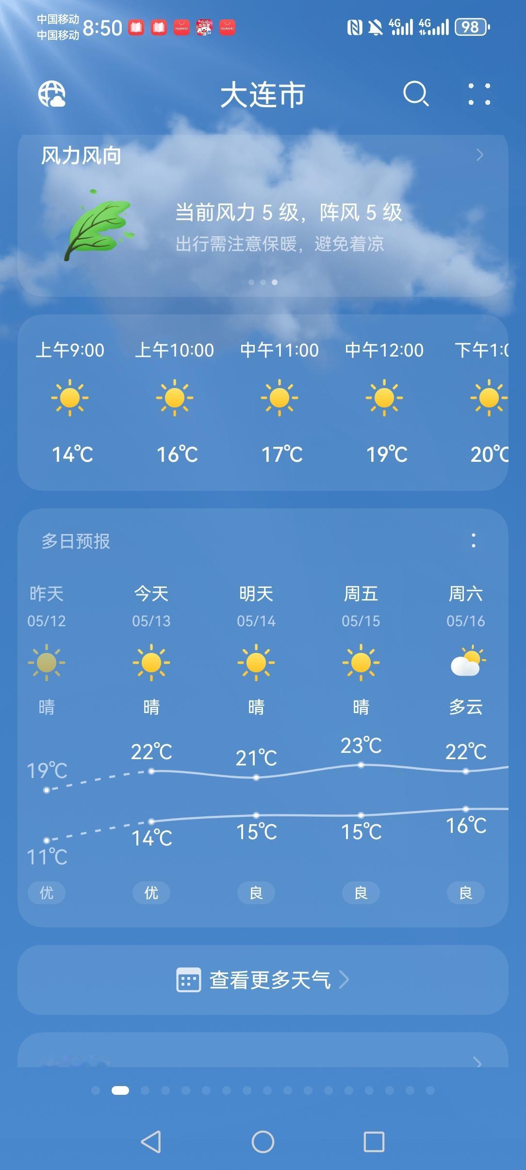 今天的大连有点儿冷啊！
看看大连的天气预报，再看看沈阳和哈尔滨的天气预报，差距还