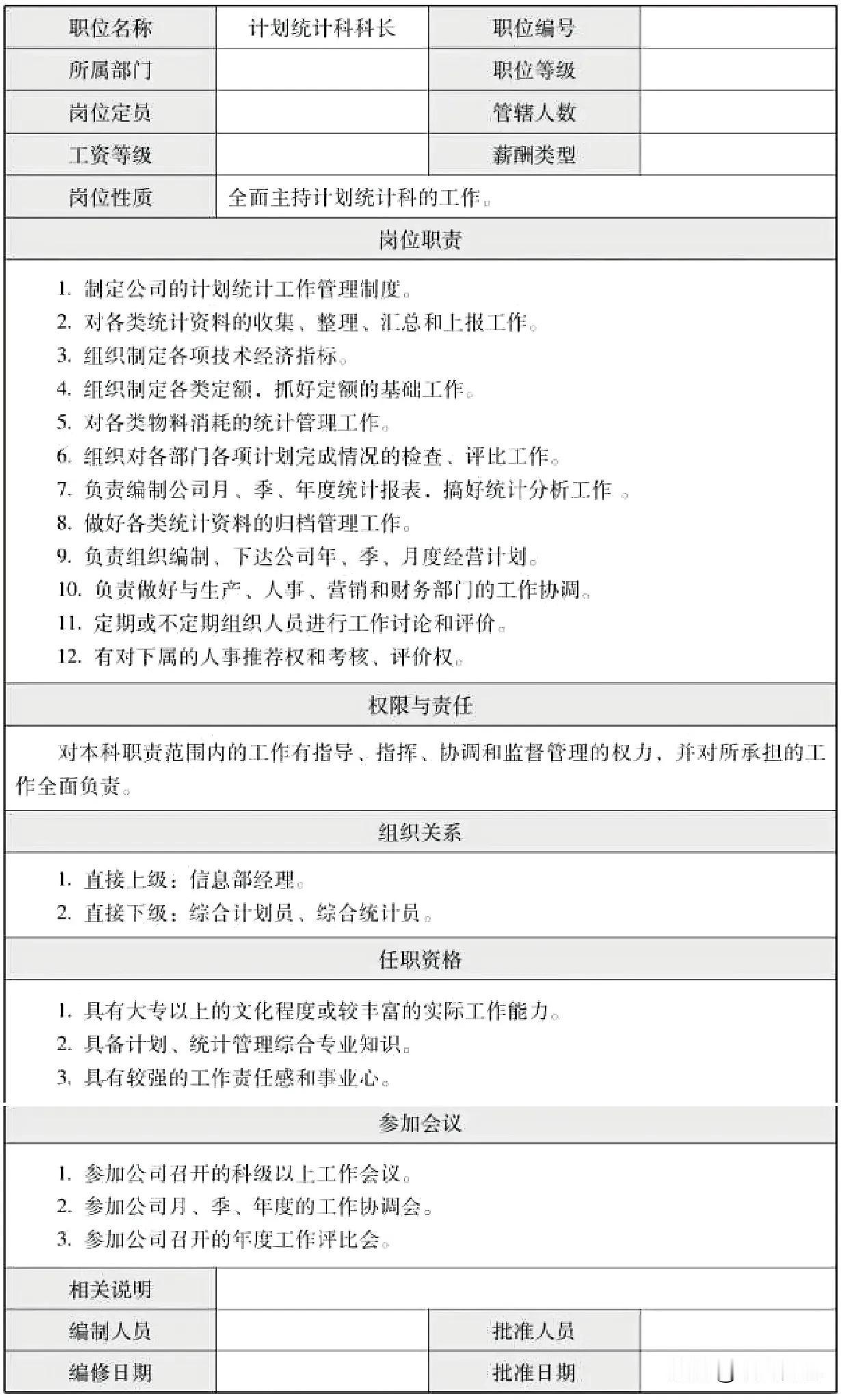 计划统计科科长岗位说明书
