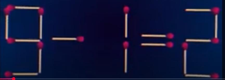 这是用火柴棒拼成的“9 - 1 = 2”算式，目前等式不成立。现在需要移动其中一