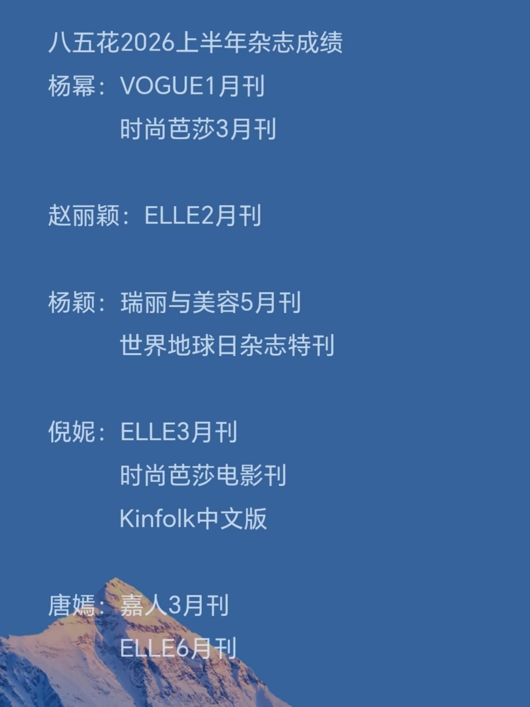 85花2026年上半年杂志成绩：杨幂｜赵丽颖｜杨颖倪妮｜唐嫣你最喜欢谁？ 