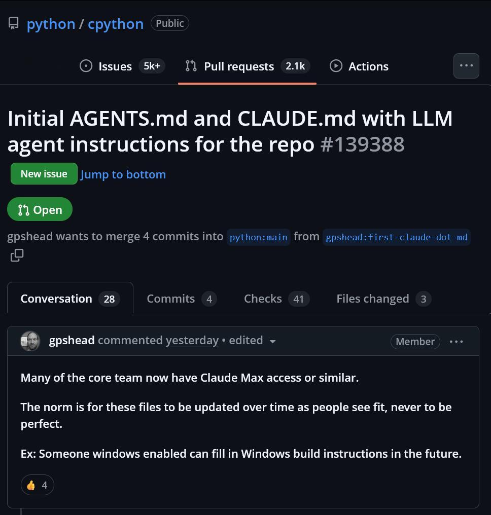cpython项目，也开始为面向LLM Agnet编程做准备啦 ​​​