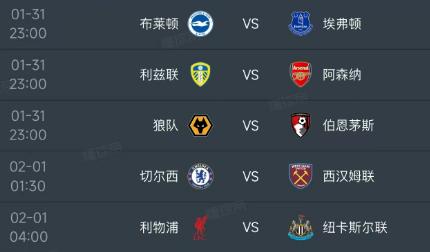 北京时间1月31日-2月1日凌晨，英超第24的赛程安排如下：

31日23：00
