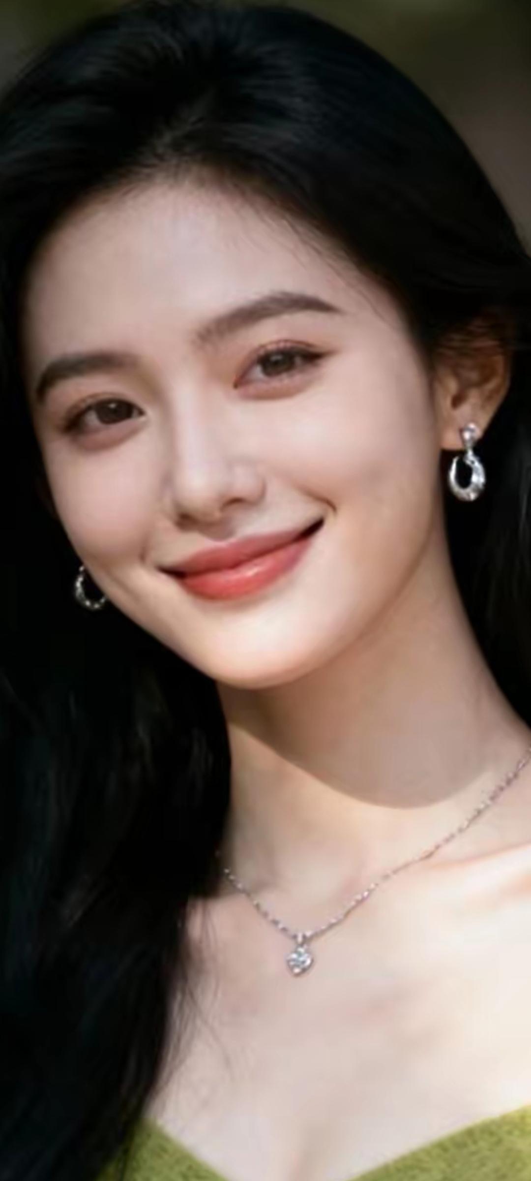 温柔微笑，黑发红唇，优雅迷人。