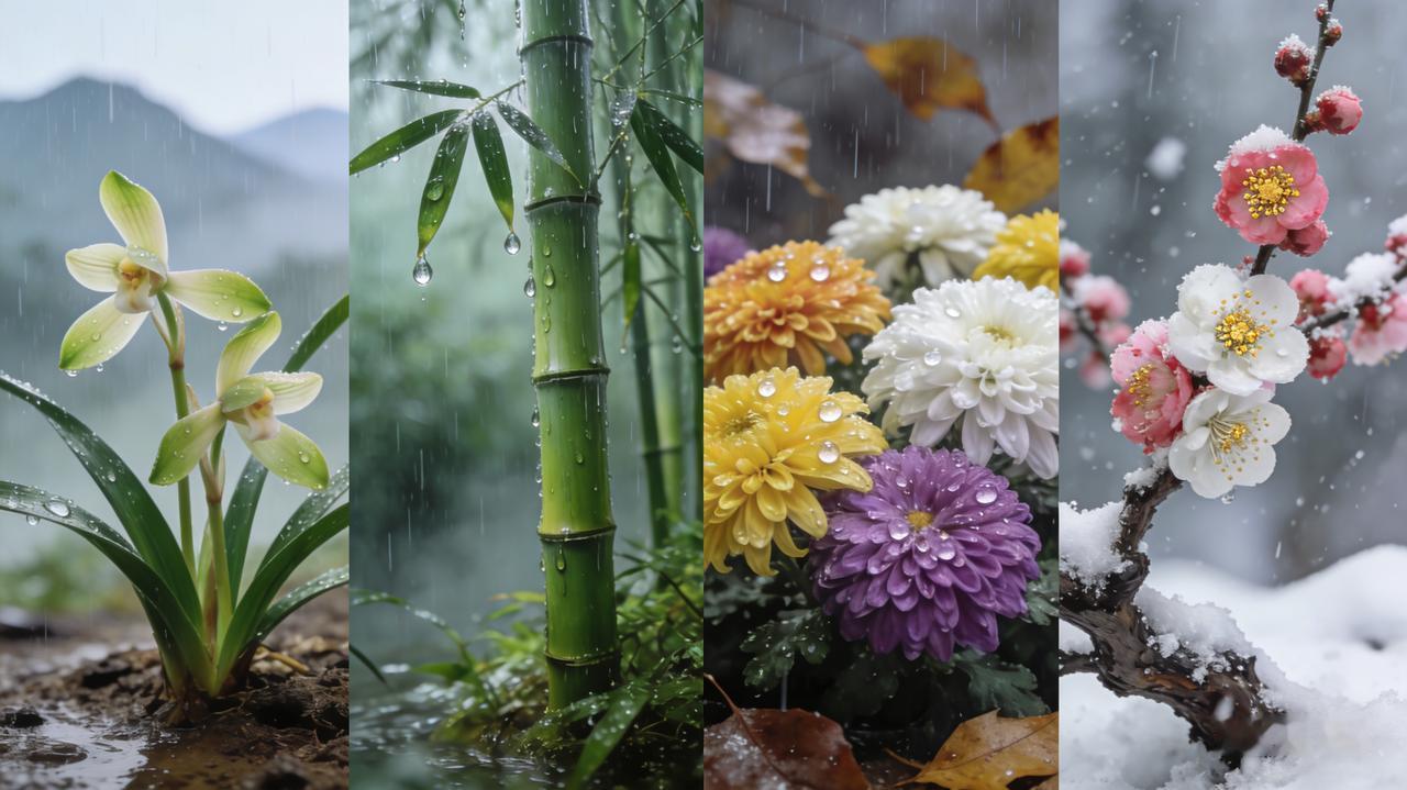 上联，淋春夏秋冬雨，请你赐教！下联为“赏梅兰竹菊景”，四季轮回，春雨细腻滋养万物