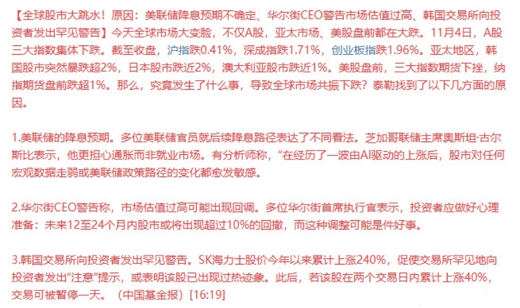 全球股市大跳水原因？11月4日午后，日本股市突然转跌，而此前韩国股指已经大跌超2