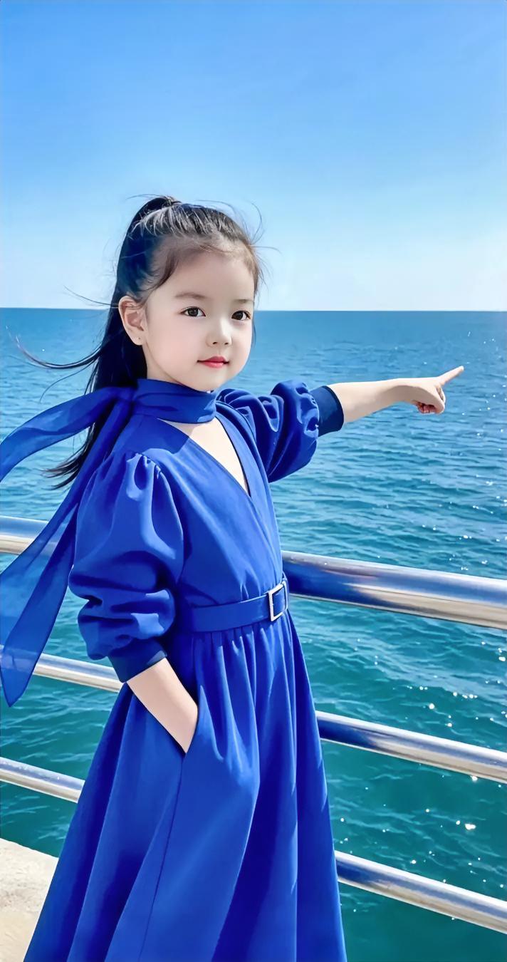 澄澈蓝天与一望无际的大海相映成趣，一袭宝蓝色连衣裙，和碧海晴空撞出亮眼的色彩。海