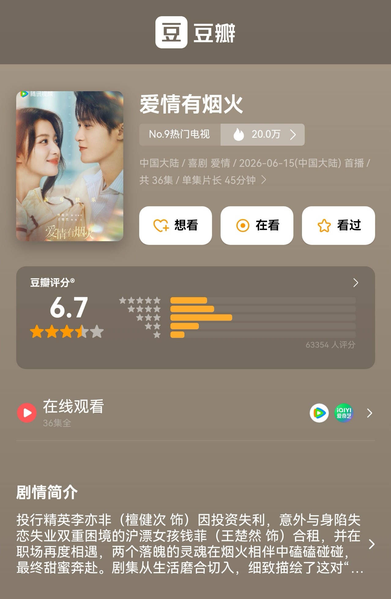 电视剧爱情有烟火爱情有烟火豆瓣开分6.7  领衔主演电视剧《爱情有烟火》豆瓣开分