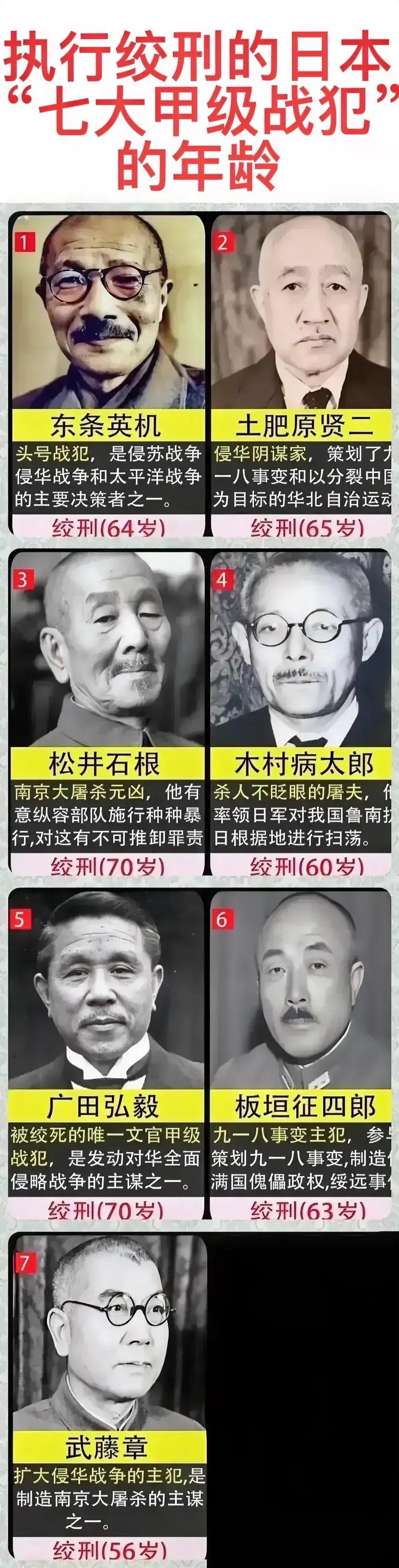 二战之后被处以绞刑的7位日本甲级战犯。

下图这7位，只是东京审判中7位被处以绞