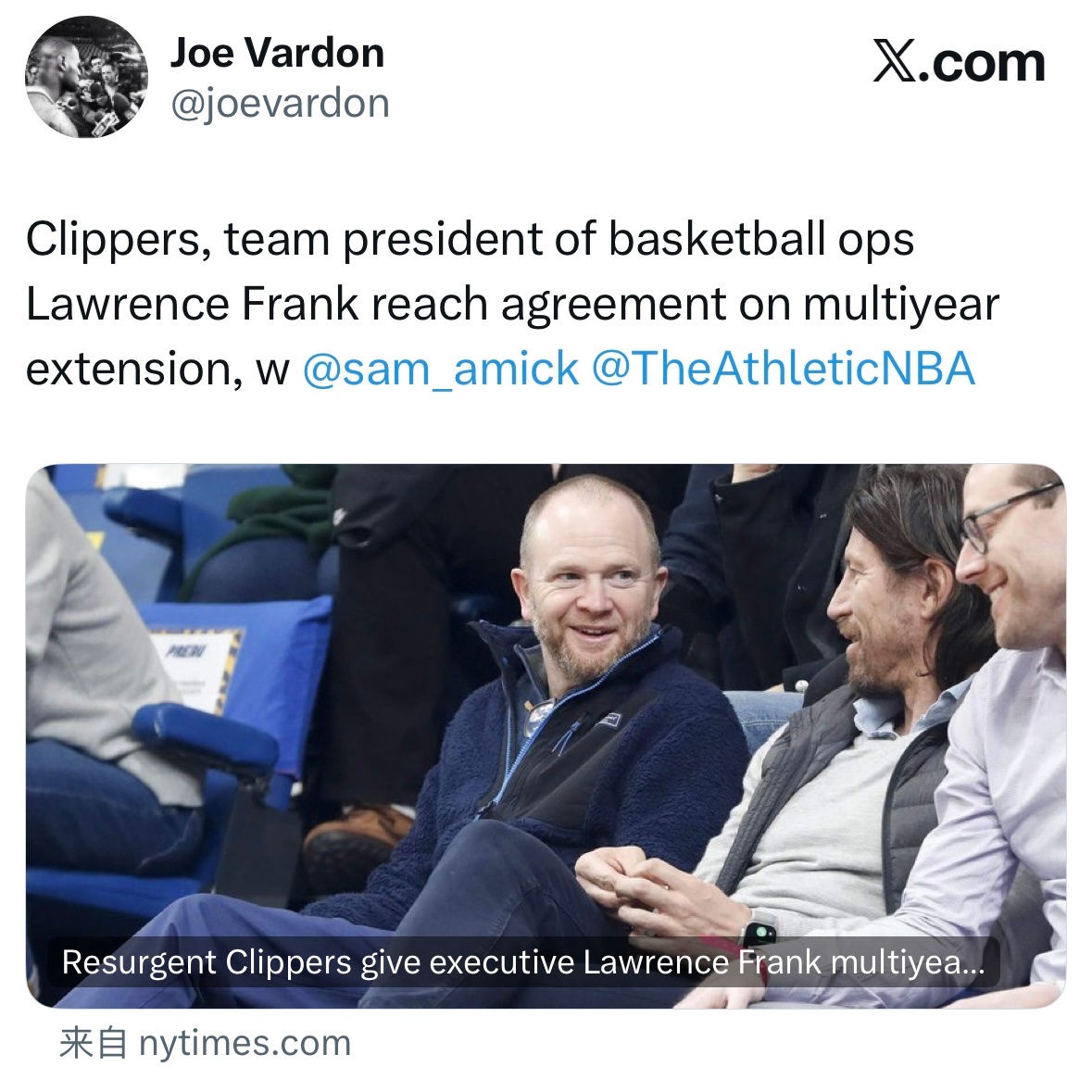 快船队与篮球运营总裁劳伦斯-弗兰克达成了一份多年续约协议。合同细节并未公开，但据