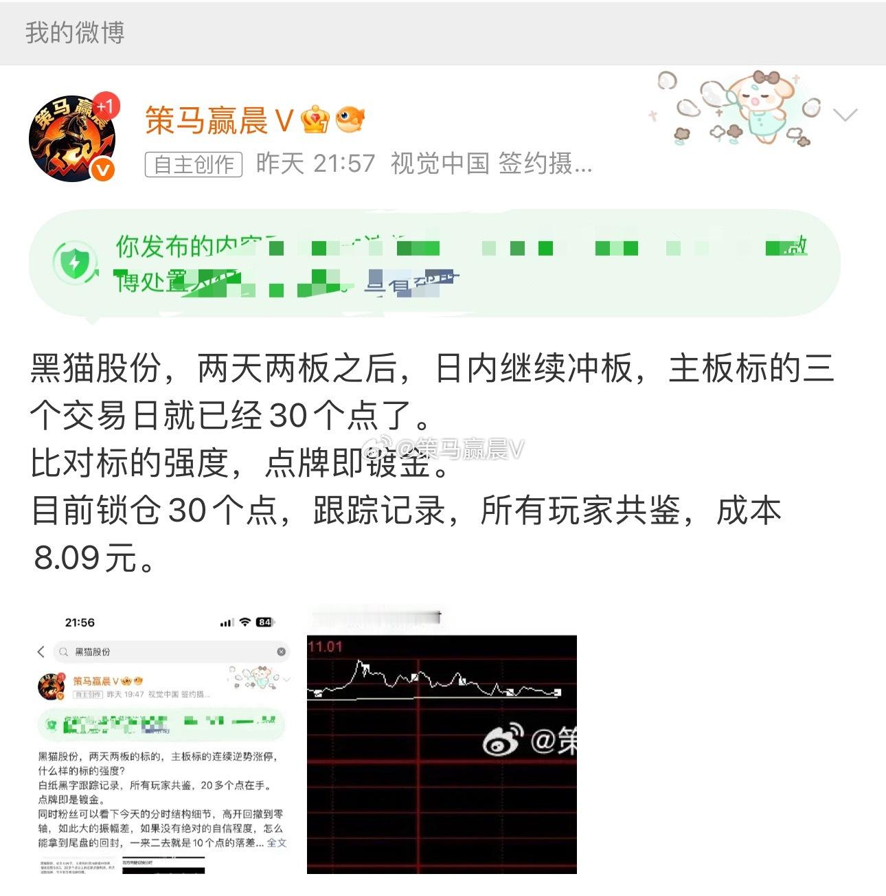黑猫股份，成本8.09元，昨天最高点位30个点利润，回落后红盘报收20多个点利润