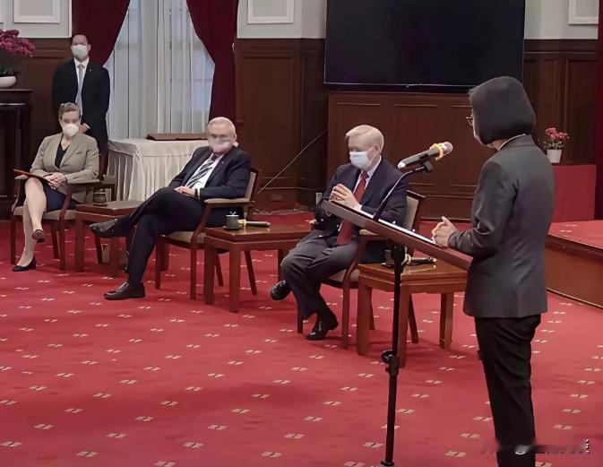 一个坐姿暴露一切！什么叫国家尊严？美国议员窜访台湾的时候，蔡英文是站着向人家汇报