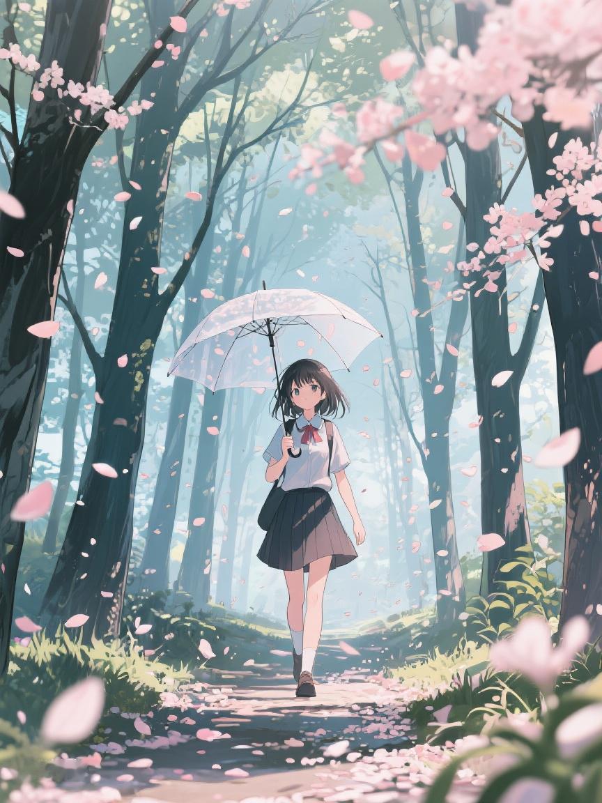 AI妙生图樱花雨纷纷，伞下小径幽。于飘落间，邂逅自然诗意，心灵渐入宁静之境✨