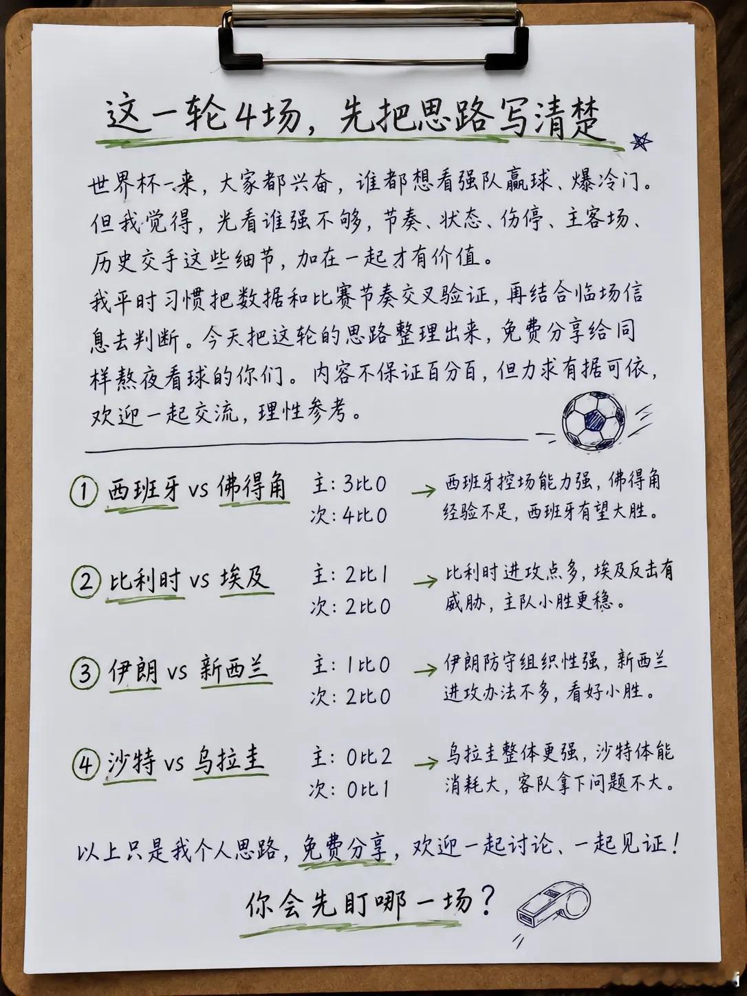 大V观赛团2026美加墨世界杯，6月16日四场比赛赛前分析比分，预测如下：1，西