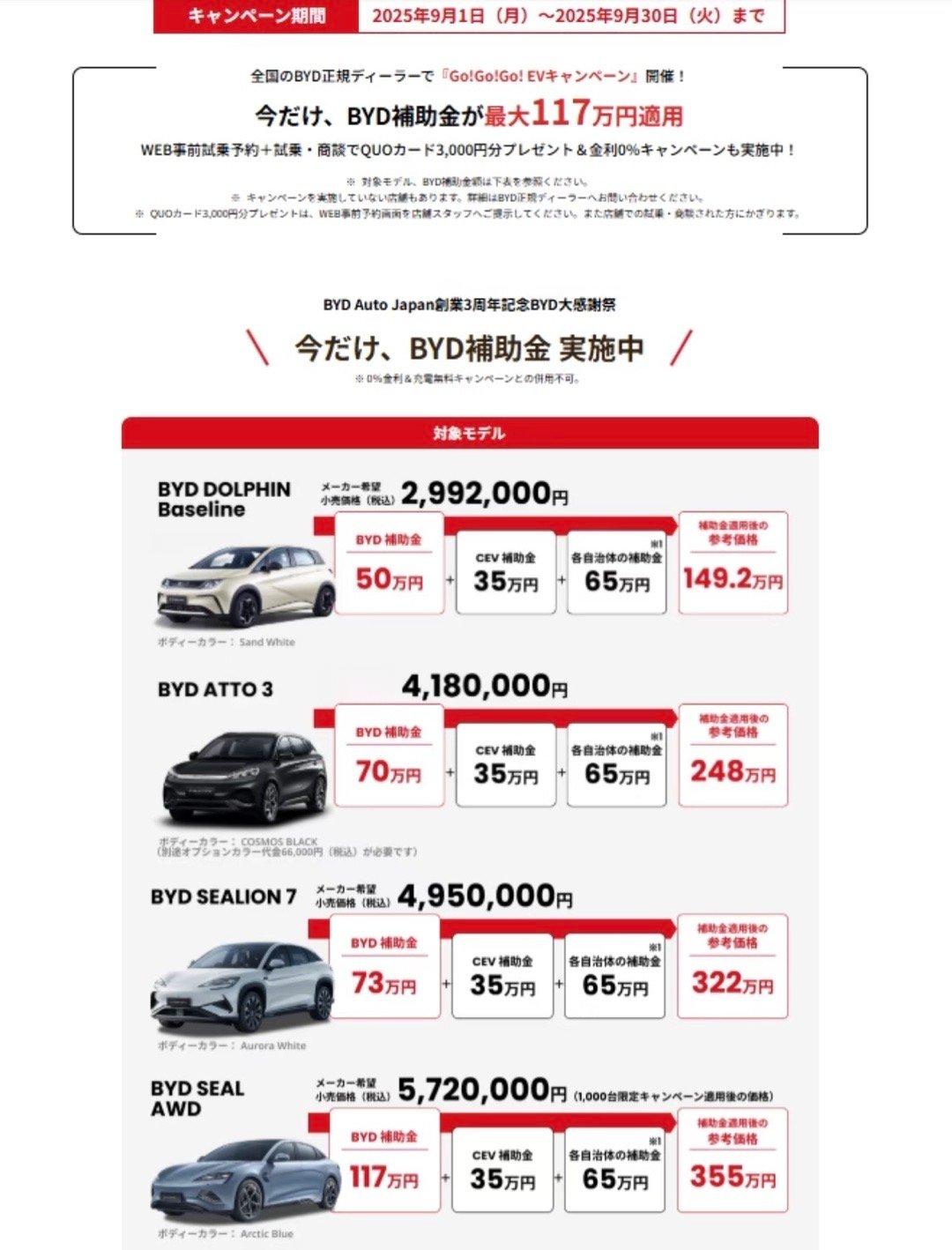 比亚迪在日本搞“价格战”？9 月整个月比亚迪搞了个补贴活动，Dolphin、At