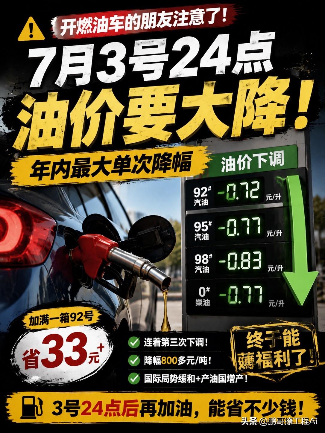 开燃油车的朋友注意了！7月3号24点油价要大降，这次还是年内最大单次降幅，加满一