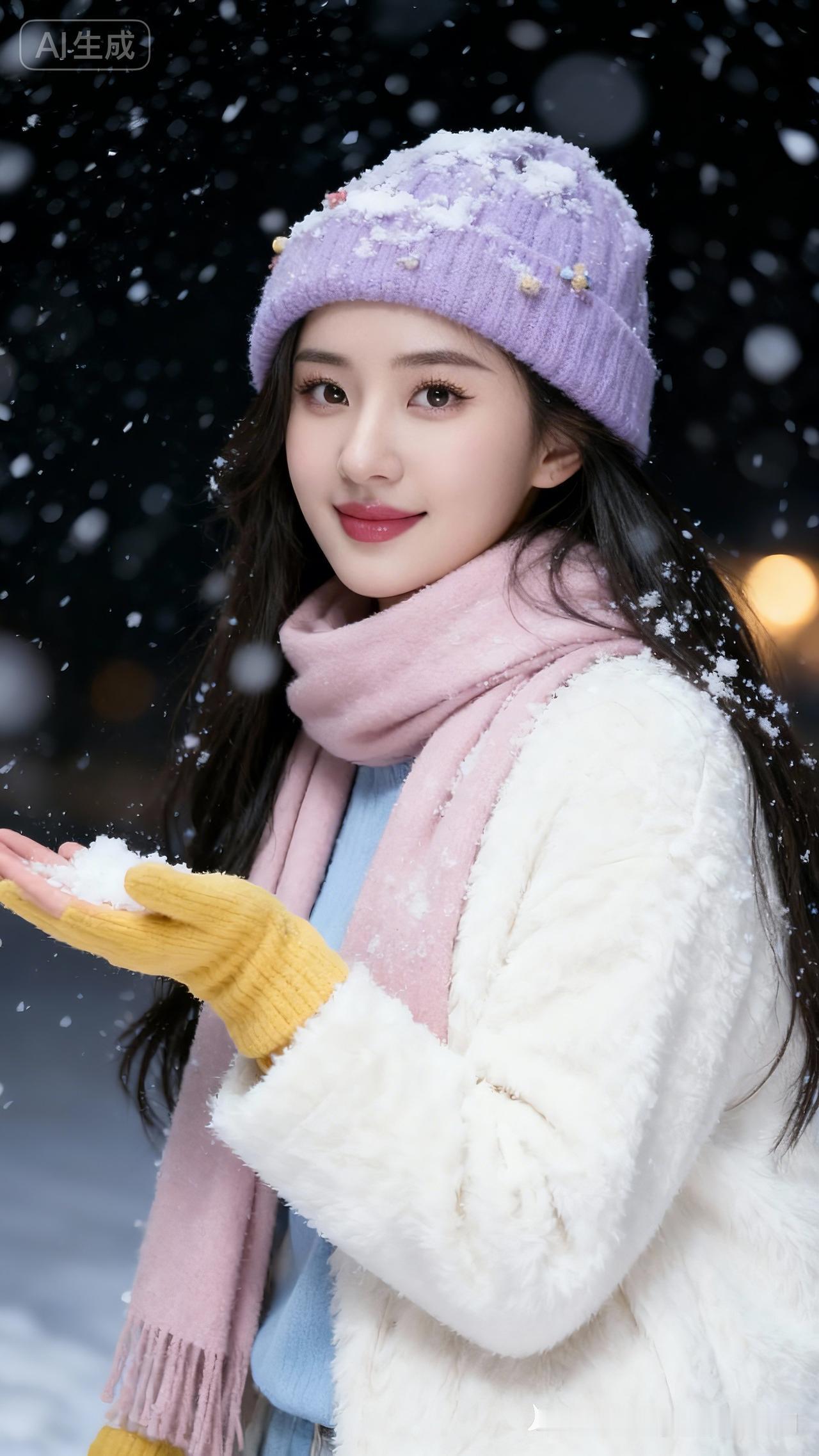 冬日暖阳下，少女轻抚雪花，温柔如梦。