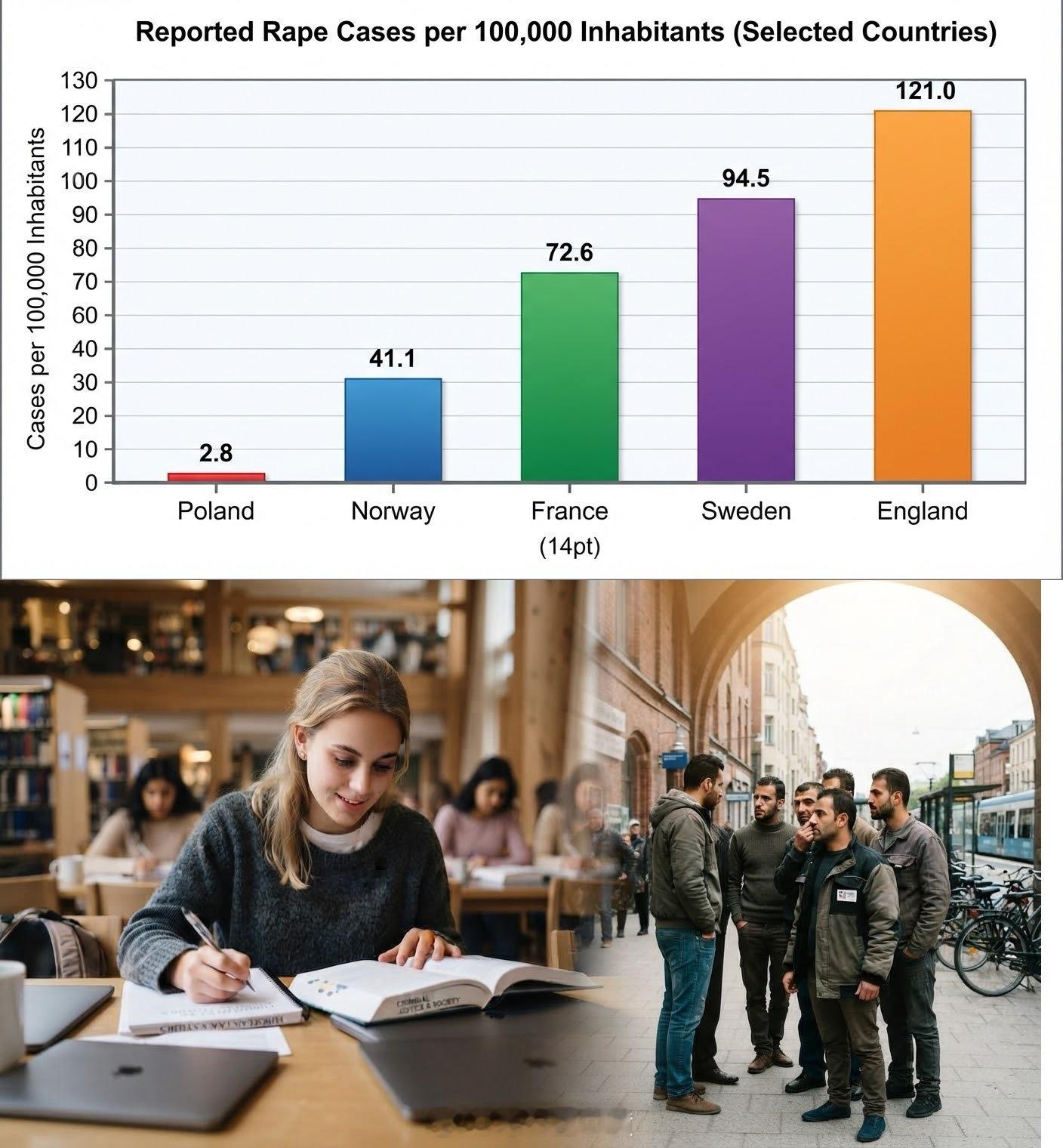 欧洲每10万居民强奸案件最新数据：🇵🇱 波兰：2.8  🇳🇴 挪威：41