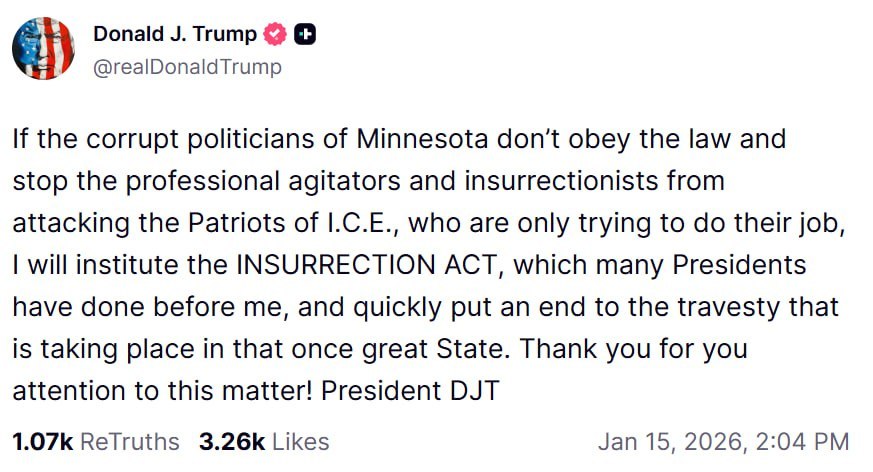 特朗普通过 Truth Social 发声：如果明尼苏达州的腐败政客不遵守法律，