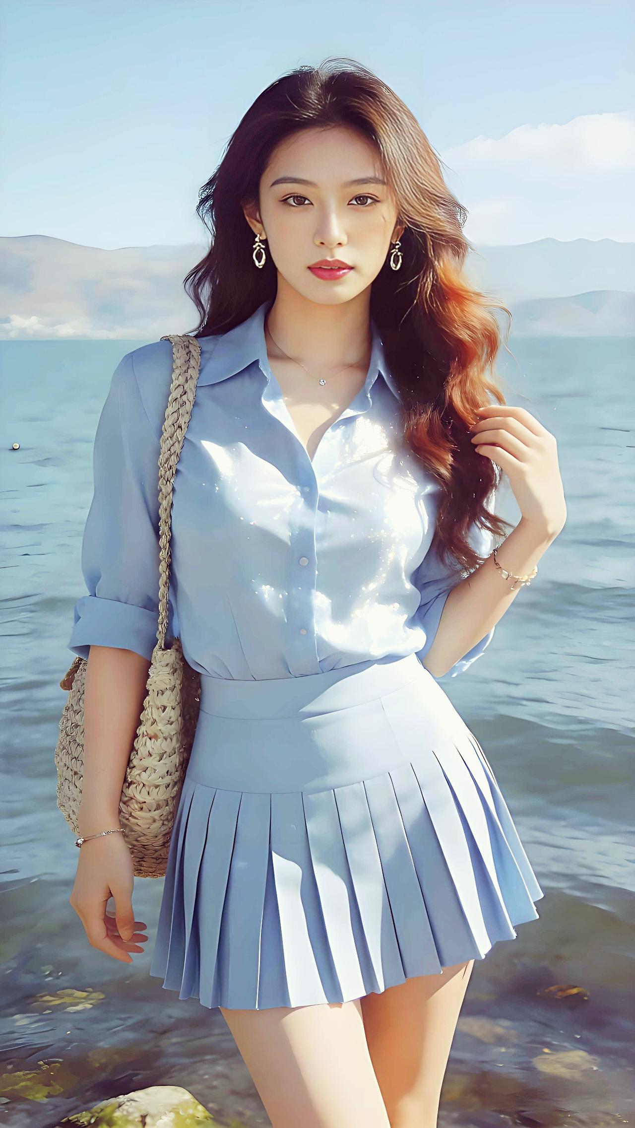 海畔蓝裙少女，清风卷浪映芳华。