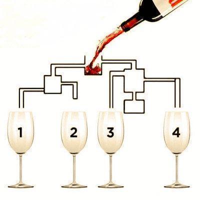 挑战管道倒酒谜题！图里红酒正倒入复杂管道系统，下方4只标着1 - 4号的酒杯等待