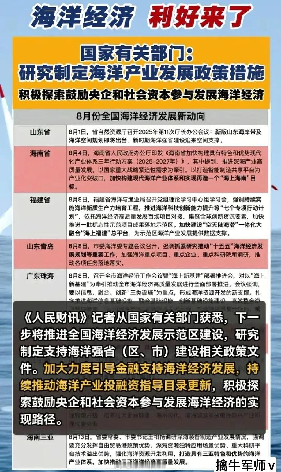 八月份深海经济重大利好，有关部门制定海洋产业发展新措施，鼓励央国企参与海洋经济发