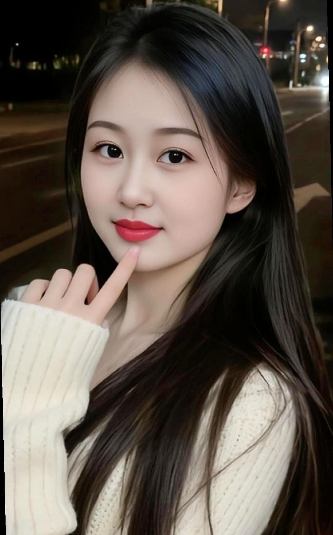 夜晚街头的甜美少女，指尖轻触脸颊，温柔迷人。