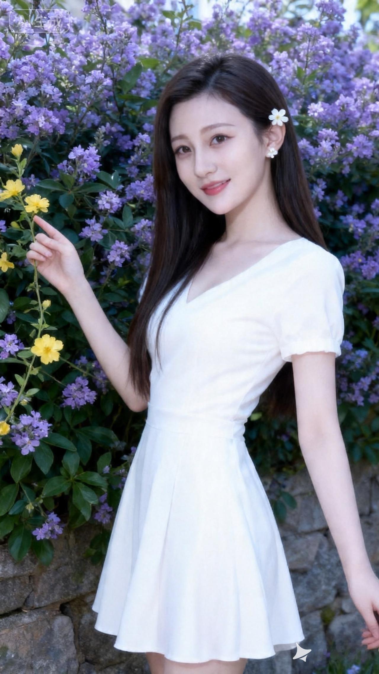 在花丛中，她如梦如幻，宛如仙子降临人间。