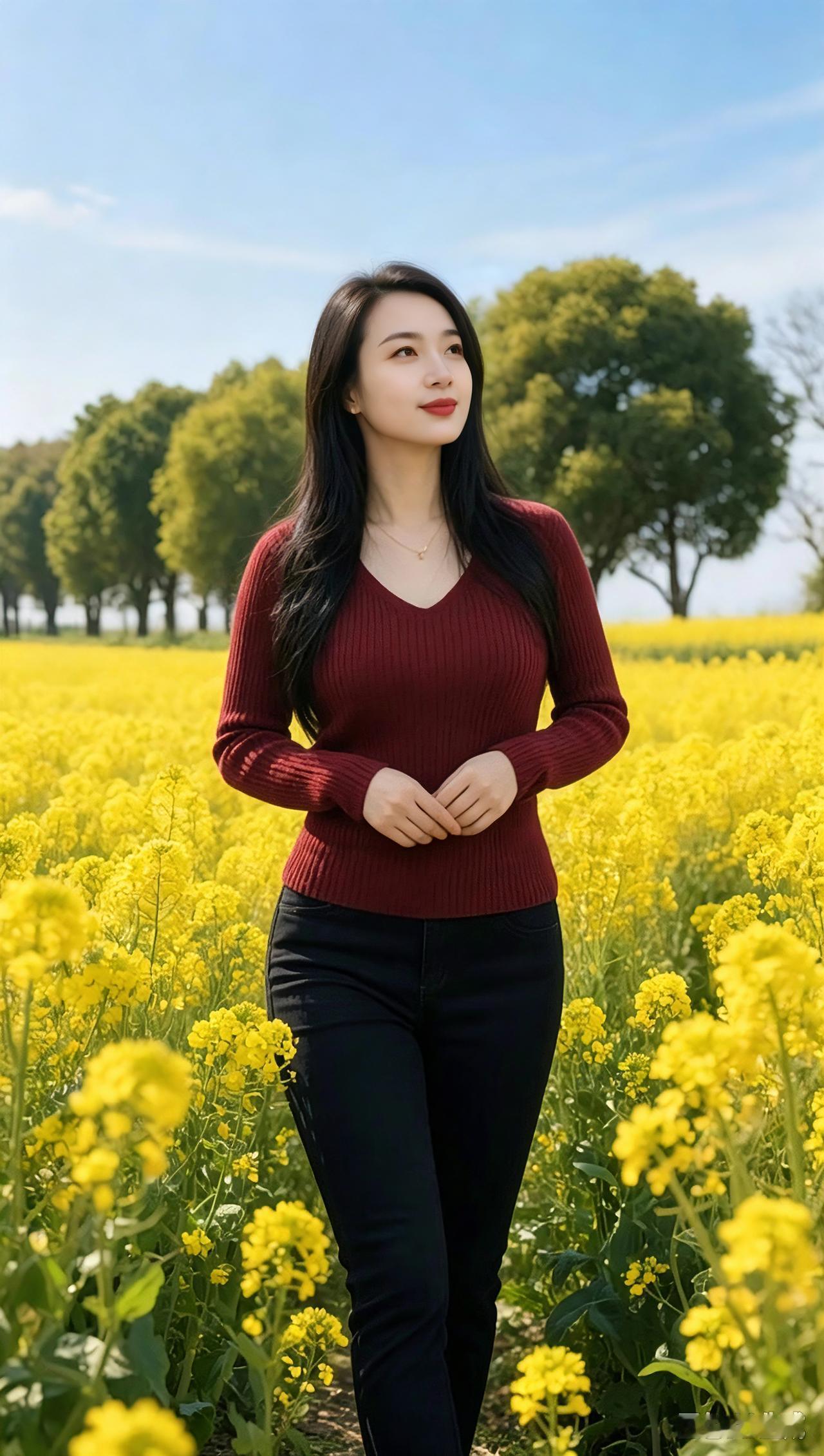 这姑娘立在油菜花田里，太动人了！
花田俏影
满目鎏金映艳阳，
红衣浅笑立花乡。