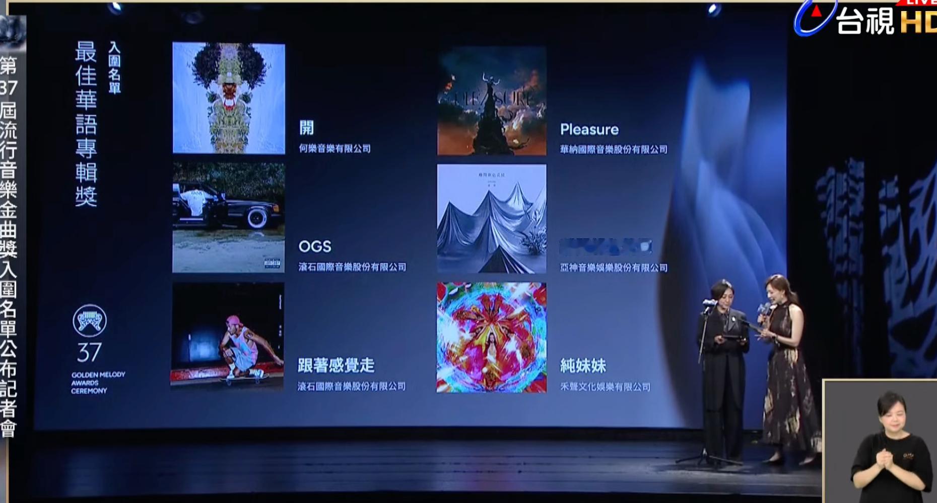 37届金曲奖演唱类最佳华语专辑奖入围名单蔡依林pleasure！单依纯纯妹妹！张