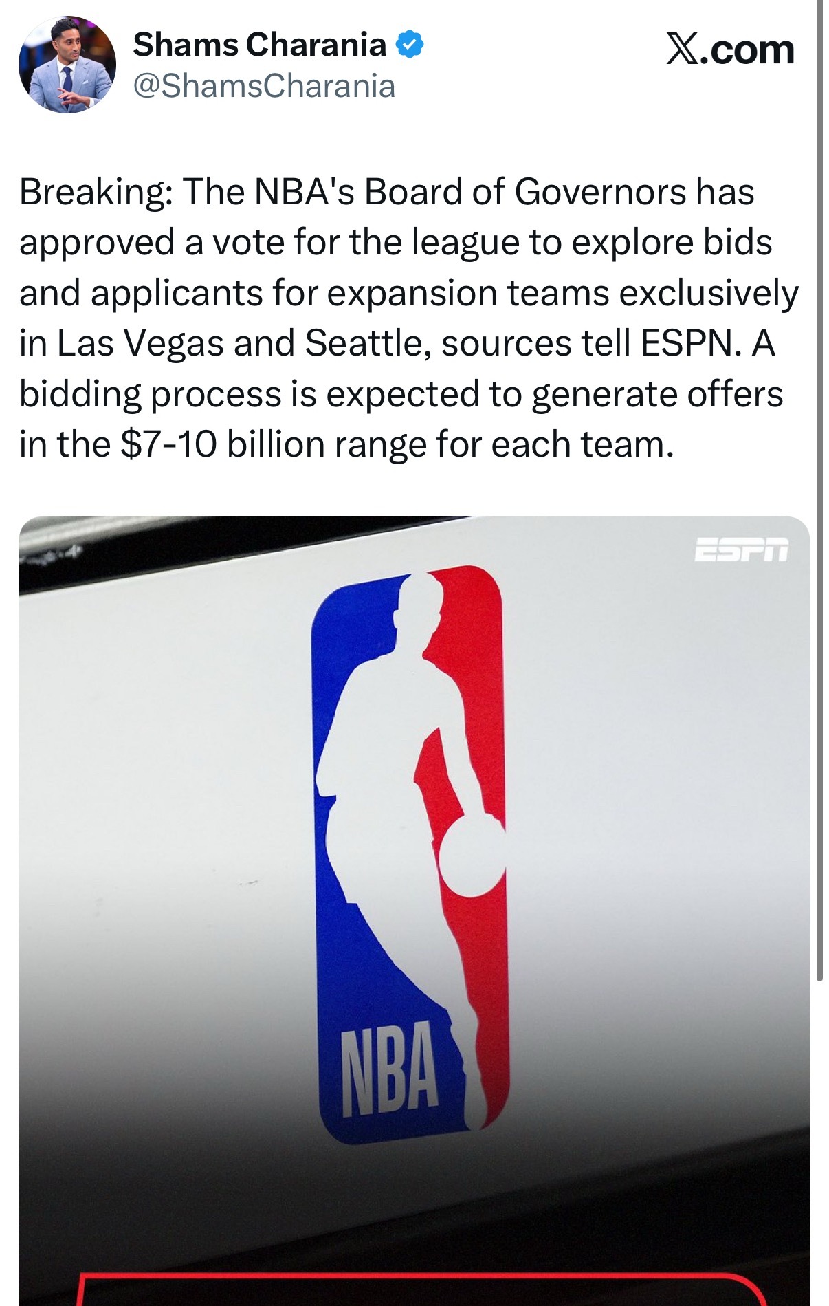 shams：NBA各球队老板已经批准在西雅图和拉斯维加斯创建新的球队。预计有意成